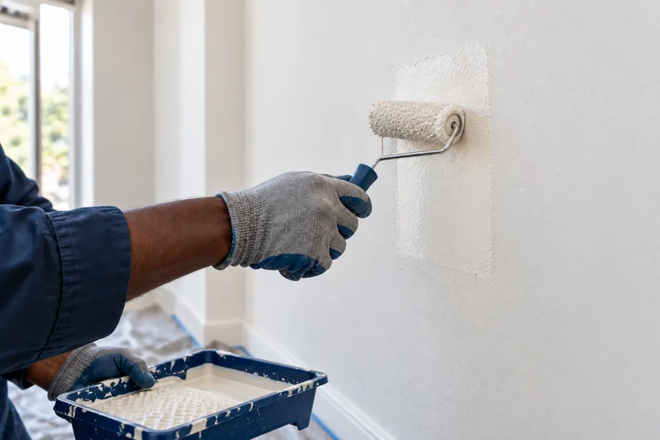 Imagem ilustrativa: Profissional restaurando o acabamento de uma parede após reparo