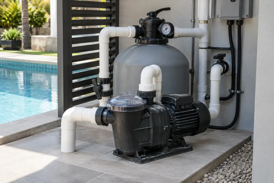 Imagem ilustrativa: Bomba e filtro de piscina com tubulações