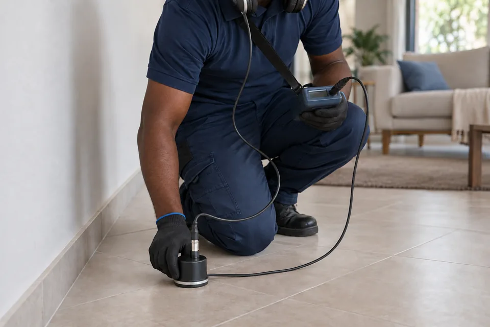 Imagem ilustrativa: Profissional usando um detector de vazamentos no piso