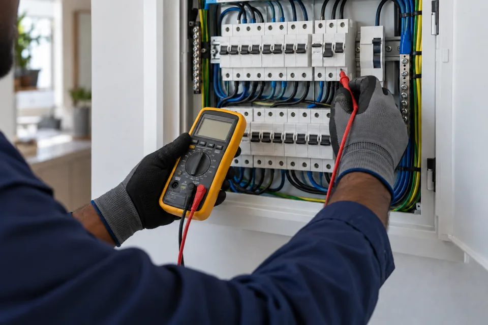 Imagem ilustrativa: Eletricista verificando um quadro de distribuição